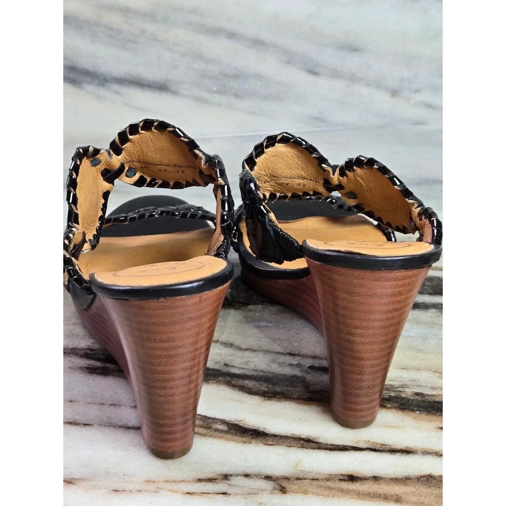 Jack‎ Rogers Womens Black Leather Whipstitched Rondelle Wedge Sandals Size 6M